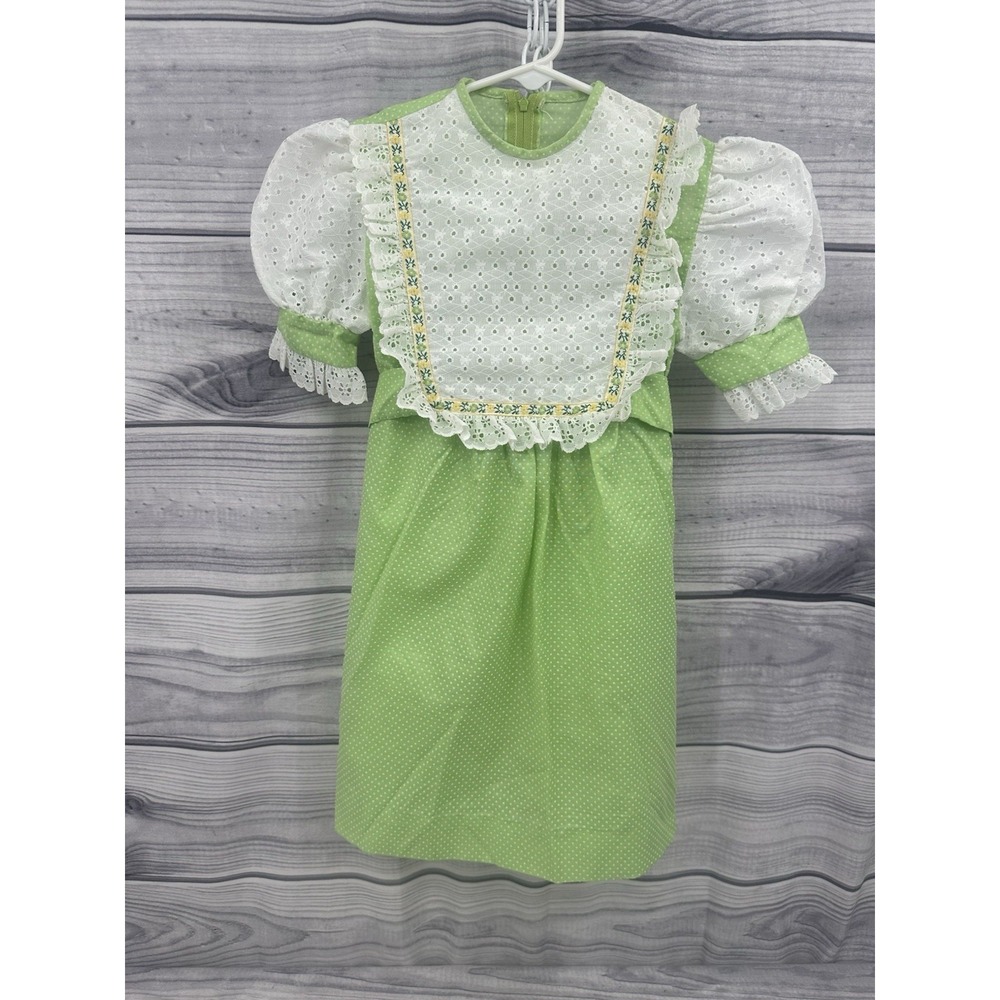 VINTAGE HANDMADE LITTLE GIRL DRESS - GREEN SWISS DOT / EYELET LACE - Size 5?